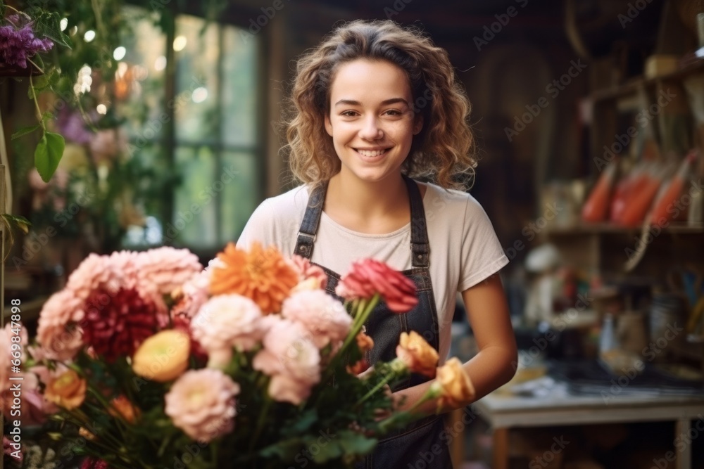 A girl florist with flowers in a flower shop makes a bouquet. Valentine's day concept. generative ai.