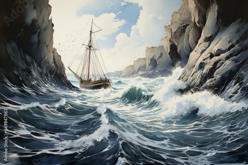 Oil paintings sea landscape, ship sailing in the sea. Beautiful seascape with an old sailing ship