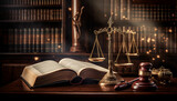 Law and justice is represented by a mallet gavel of the judge, scales of justice, and books. There is