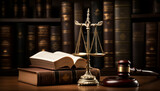 Law and justice is represented by a mallet gavel of the judge, scales of justice, and books. There is