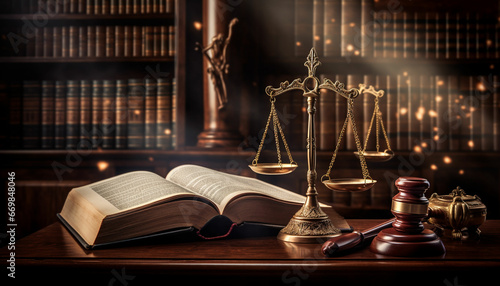 Law and justice is represented by a mallet gavel of the judge, scales of justice, and books. There is