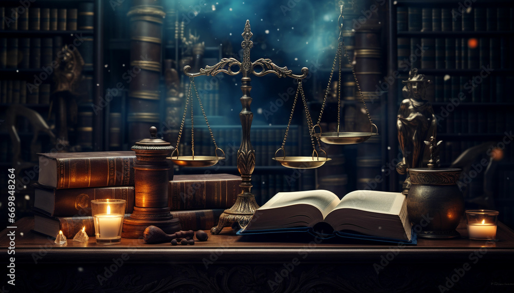 Law and justice is represented by a mallet gavel of the judge, scales of justice, and books. There is - obrazy, fototapety, plakaty 