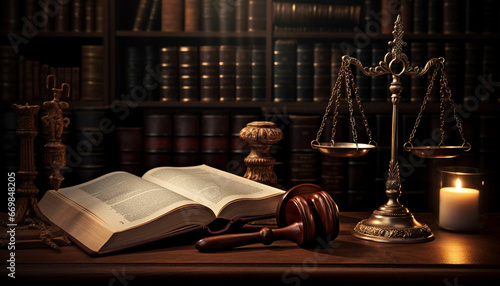Law and justice is represented by a mallet gavel of the judge, scales of justice, and books. There is © msroster