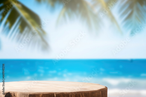 Wooden round tabletop set against a blurred tropical beach backdrop, perfect for showcasing your products or montage. High quality photo