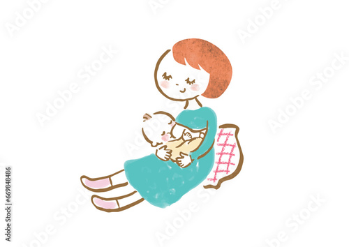 授乳している若いお母さんのイラスト
