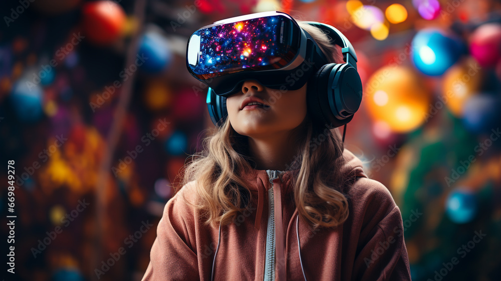 Woman with glasses of virtual reality. Future technology concept. Colorful neon lights. Woman with glasses of virtual reality. Future technology concept. Colorful neon lights.