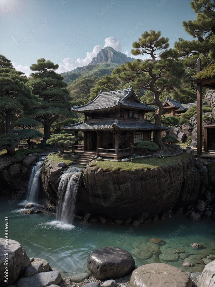 Fototapeta premium Japanese landscape with a house and a waterfall on the mountain. Generative AI