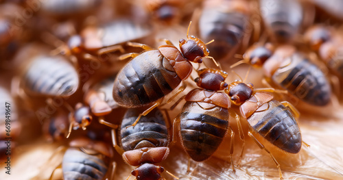 A detailed macro shot of bed bugs showcasing their infestation, emphasizing the importance of pest control in households. photo