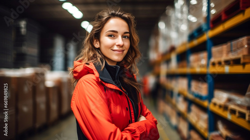 Wallpaper Mural Portrait of happy young woman warehouse worker looking at camera. Woman in production hall and warehouse, pallets with products ready for collection.
 Torontodigital.ca