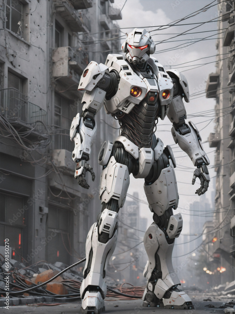 a huge humanoid robot patrols the destroyed city. Generative AI a huge humanoid robot patrols the destroyed city. Generative AI