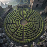 green labyrinth among the ruins of a lost city. Generative AI