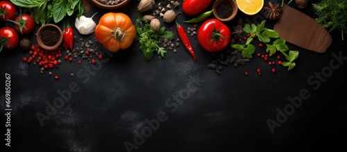 Top view of rustic style culinary setting with black stone vegetables and spices