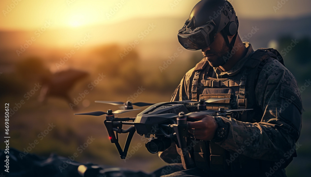 Military soldier controls drone for reconnaissance operation of enemy positions. Concept using quadrocopters in smart war Military soldier controls drone for reconnaissance operation of enemy positions. Concept using quadrocopters in smart war