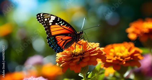 Macro shot of a luminous butterfly delicately perched on a bright flower, highlighting intricate wing patterns and nature's splendor. Ideal for nature enthusiasts. © Jan