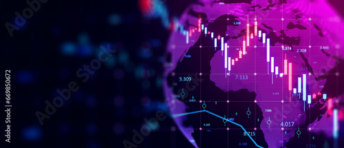Creative glowing downward candlestick forex chart and globe on wide blurry background. Crisis, financial loss and crash concept. 3D Rendering. photo