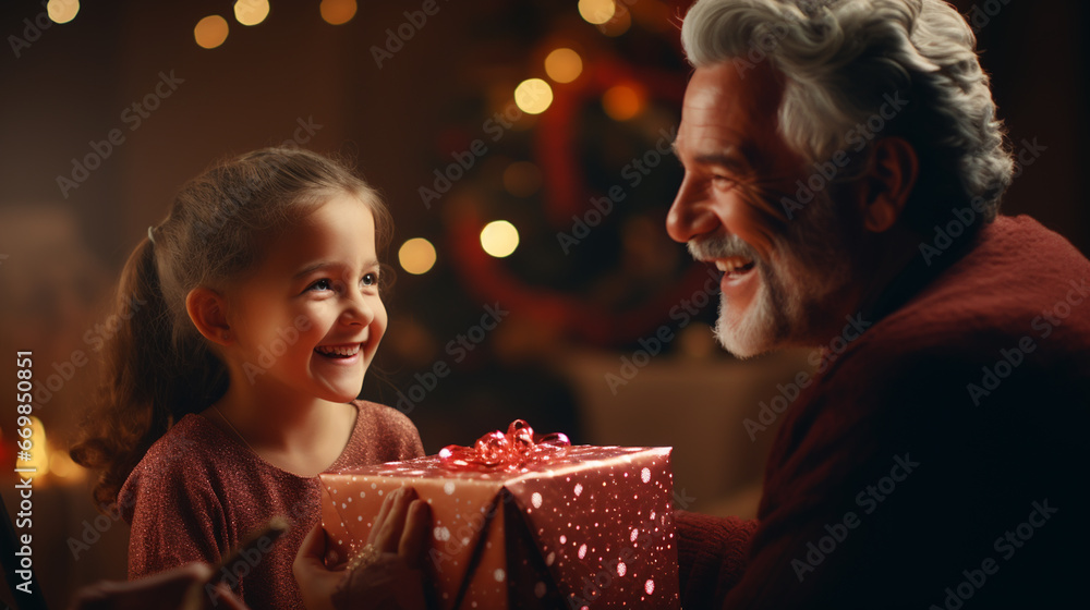 Happy mature grandparent with gift box with present from grandchild Happy mature grandparent with gift box with present from grandchild