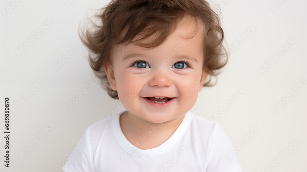 
Cute little baby  with blue eyes smiling on a white background
