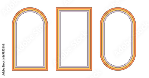 Groovy rainbow frames in 1970s hippie style. Psychedelic retro borders. Text box funky 70s. Good vibes background. Pop vintage groovy rectangle and oval frame. Vector illustration.