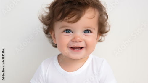  Cute little baby with blue eyes smiling on a white background 