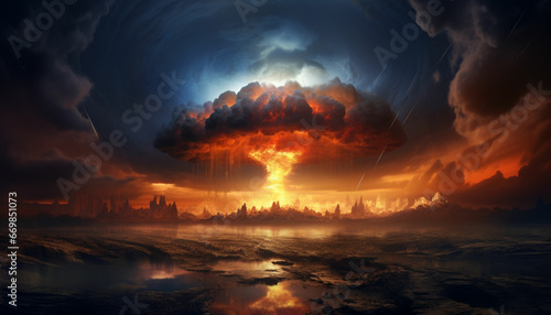 Nuclear explosion day or night. Stormy sky, shock wave against the background of a nuclear fungus in the process of releasing thermal and radiant energy as a result of an uncontrolled nuclear fission