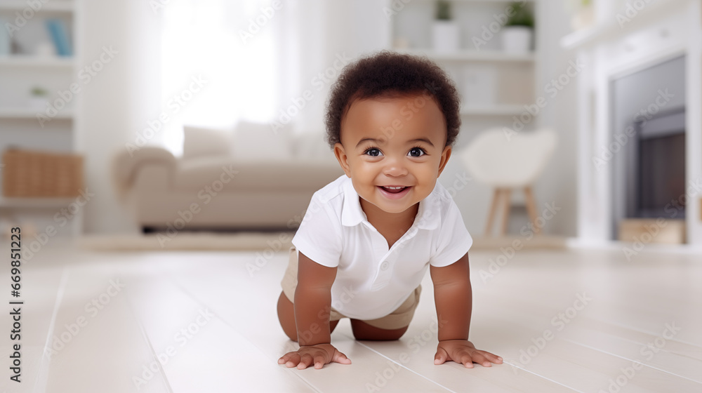 happy african american baby crawling on floor in living room at home happy african american baby crawling on floor in living room at home