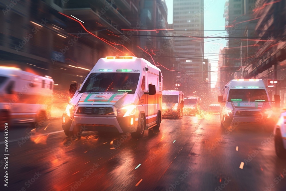 Fast ambulance rushing through crowded street with lights and sirens, exemplifying emergency response and urgency aided by modern technology. Generative AI