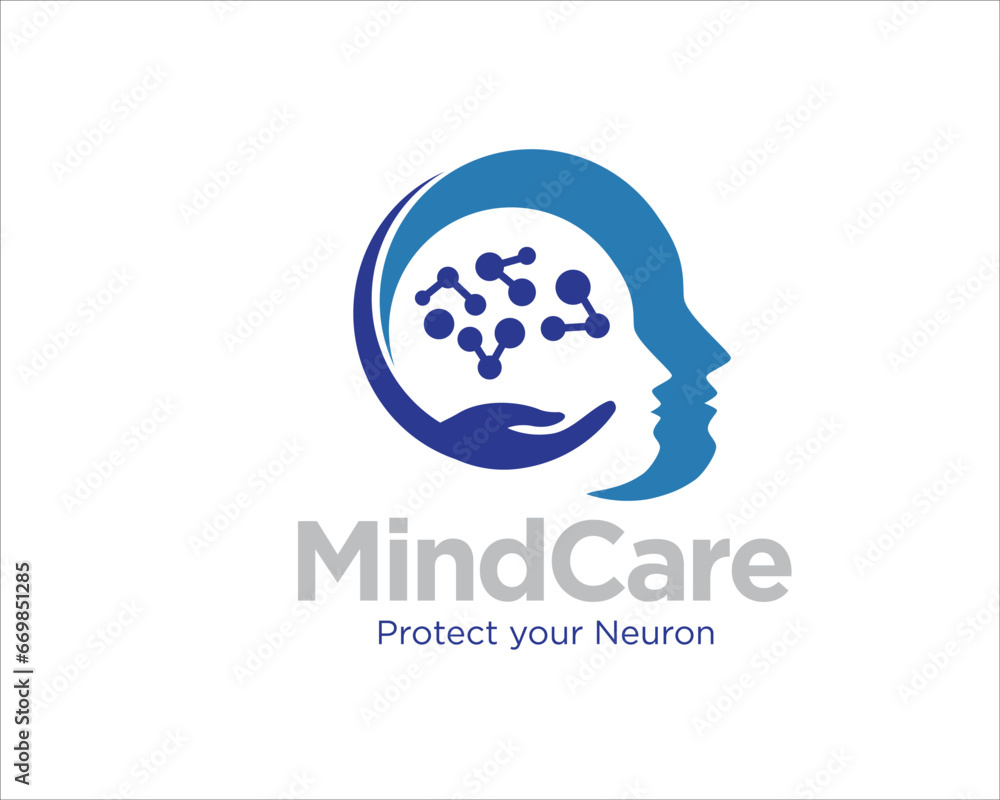 mind care logo with neuron and head figure for medical and consult