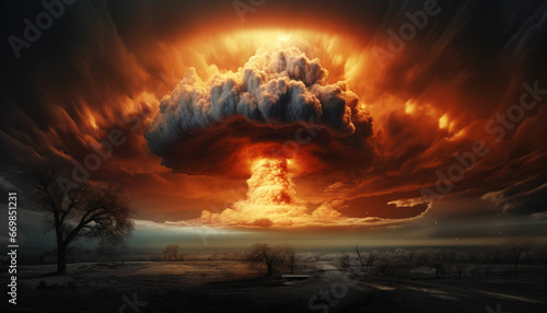Nuclear explosion day or night. Stormy sky, shock wave against the background of a nuclear fungus in the process of releasing thermal and radiant energy as a result of an uncontrolled nuclear fission