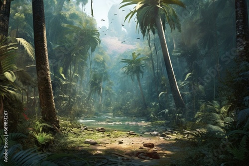 Tropical forest with swaying palm trees. Generative AI