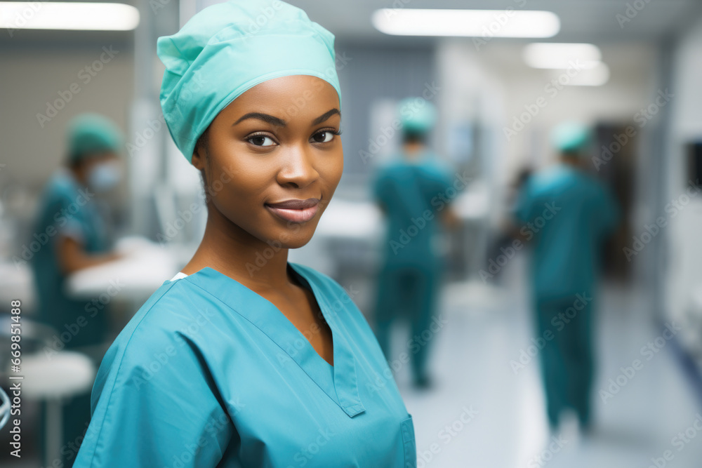 Woman dressed in scrubs stands in hospital hallway. This image can be used to represent healthcare professionals in medical setting.
