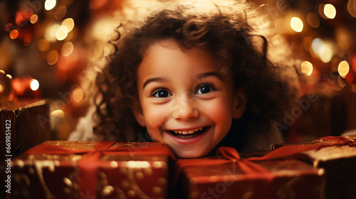Merry Christmas and Happy Holidays! Cheerful cute children opening gifts.