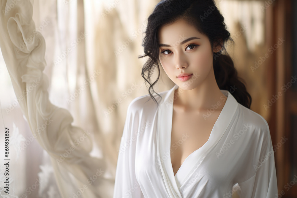 Fototapeta premium Woman dressed in white robe standing next to window. This image can be used to depict relaxation, solitude, or morning routines.
