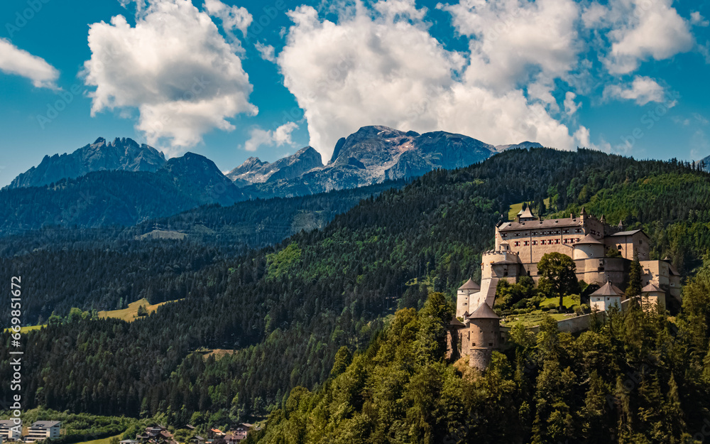 Alpine summer view with fortress Hohenwerfen at Werfen, Pongau, Salzburg, Austria