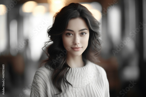 Wallpaper Mural Woman with long black hair wearing sweater. This versatile image can be used for various purposes. Torontodigital.ca