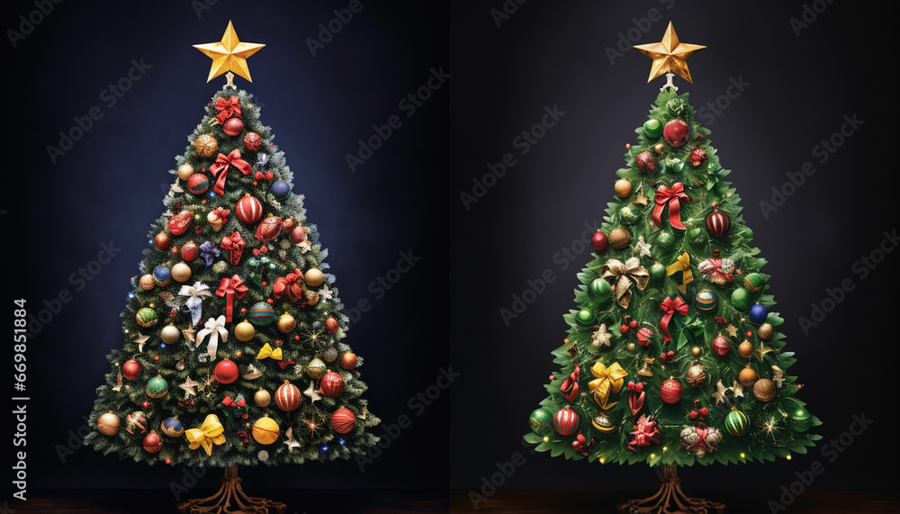 Paint a beautifully decorated Christmas tree with ornaments, lights, and a star or angel topper