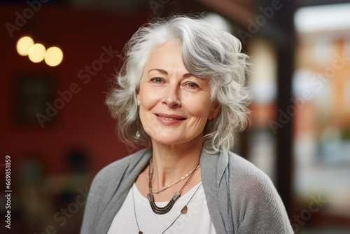 Picture of woman with gray hair wearing white shirt. This versatile image can be used in various contexts.