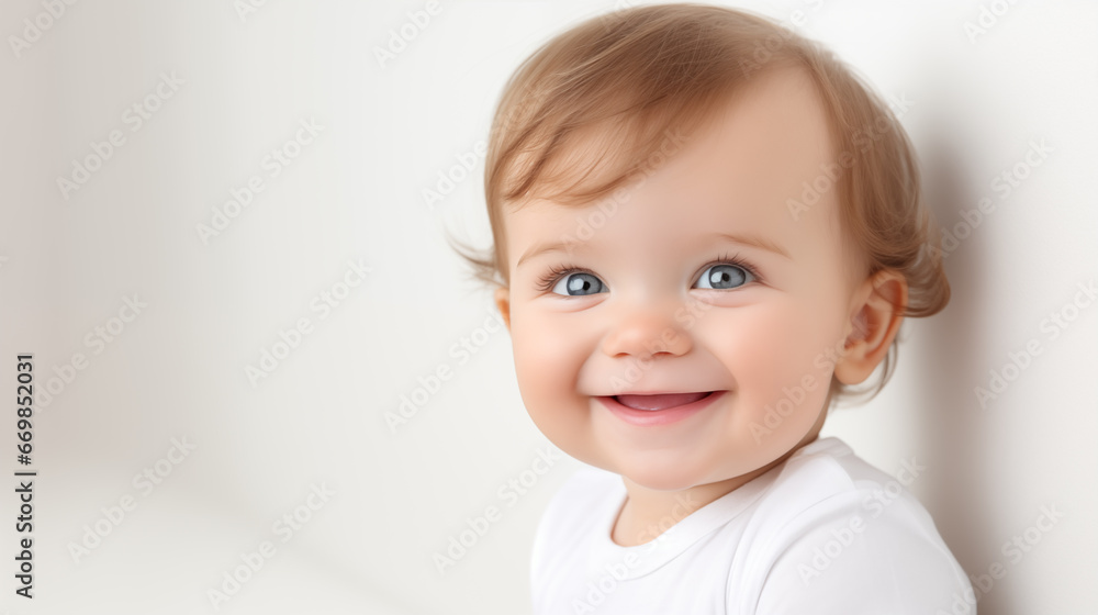 
Portrait of a smiling baby with blue eyes on a white background
