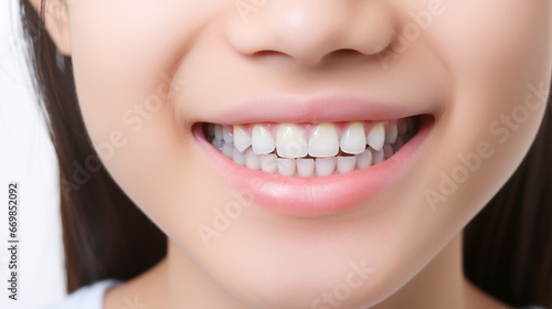  Close-up of a beautiful woman's smile with white teeth.