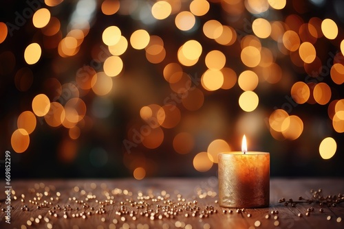 A Christmas-themed background image with the soft glow of candlelight, providing ample space for customization to enhance the atmosphere of your creative content. Photorealistic illustration