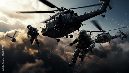 Elite soldiers jumping out of a helicopter created with Generative AI photo