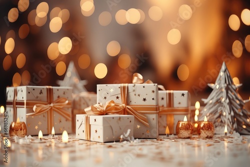 A close-up Christmas-themed background image showcasing presents, with room for customization, offering the perfect canvas for your content. Photorealistic illustration © DIMENSIONS
