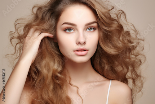 Stunning young woman with gorgeous, flowing curls. Perfect for fashion, beauty, or lifestyle-related projects.
