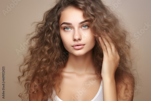 Stunning young woman with gorgeous, flowing curly hair. Perfect for beauty and fashion-related projects.