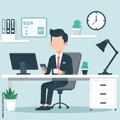 businessman working on his desktop computer, flat vector illustration