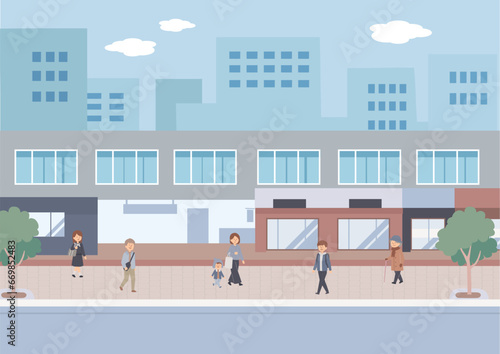 駅前の街並みの背景と人物のイラスト