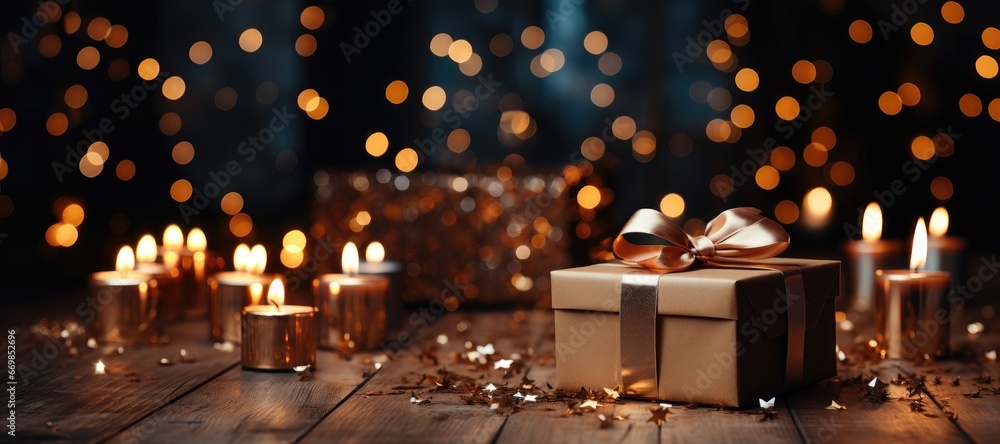 A wide-format Christmas-themed background image with a present and candles, offering space for customization to create a festive and cozy atmosphere. Photorealistic illustration A wide-format Christmas-themed background image with a present and candles, offering space for customization to create a festive and cozy atmosphere. Photorealistic illustration