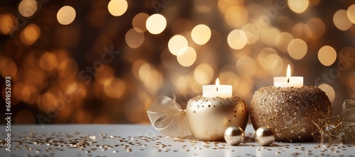 A wide-format Christmas-themed background image with a close-up of two candles  providing space for customization to create a personalized atmosphere. Photorealistic illustration