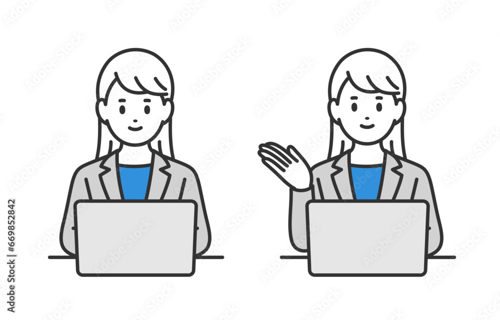 パソコンを見る・案内のポーズをするビジネスパーソン女性のセット【人物ベクターイラスト素材】 パソコンを見る・案内のポーズをするビジネスパーソン女性のセット【人物ベクターイラスト素材】