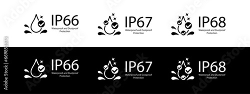 IP66, IP67 and IP68 Waterproof rating, water protective capability. Water and dust protection, water resistance level icon and symbol. Vector.