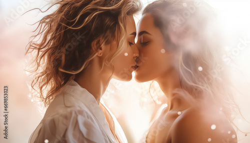 Two lesbians kissing, valentine's day concept photo